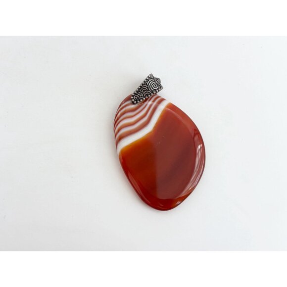 Golden Banded Agate Crystal Oval Shaped Large Silver Toned Vintage Pendant - Picture 10 of 12